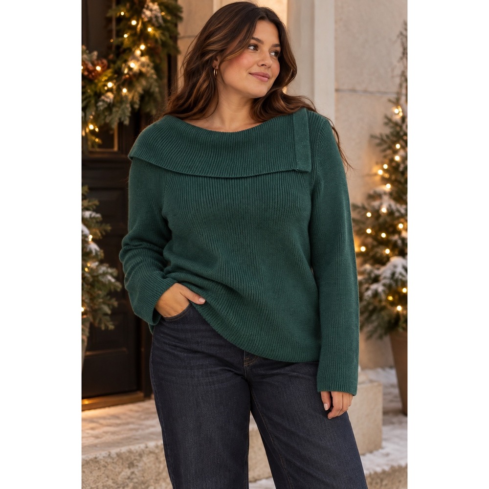 Chico's Sweater Green Asymmetrical Shimmer Collar Ribbed Knit Medium 1